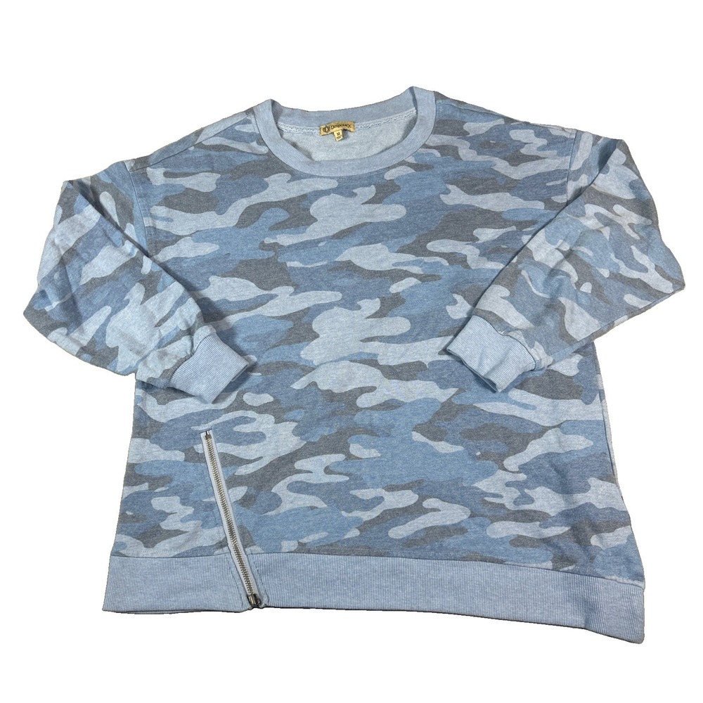 Democracy Womens Blue Camo Crew Neck Sweatshirt Size M Pullover Zip Detail